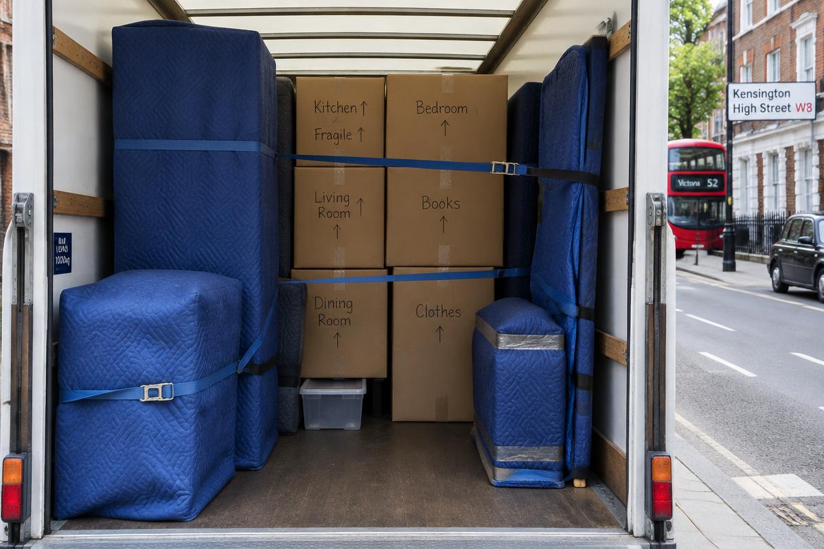 Furniture wrapped in blankets and strapped inside a Luton van