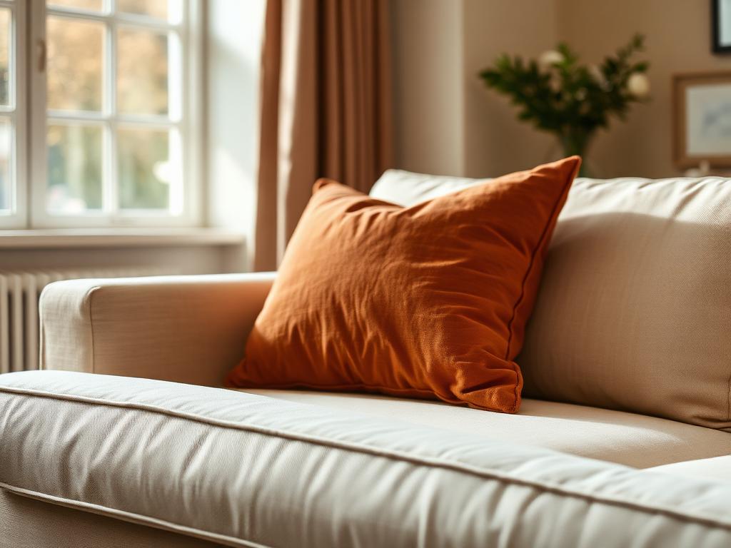 Clean cream linen sofa with a terracotta cushion